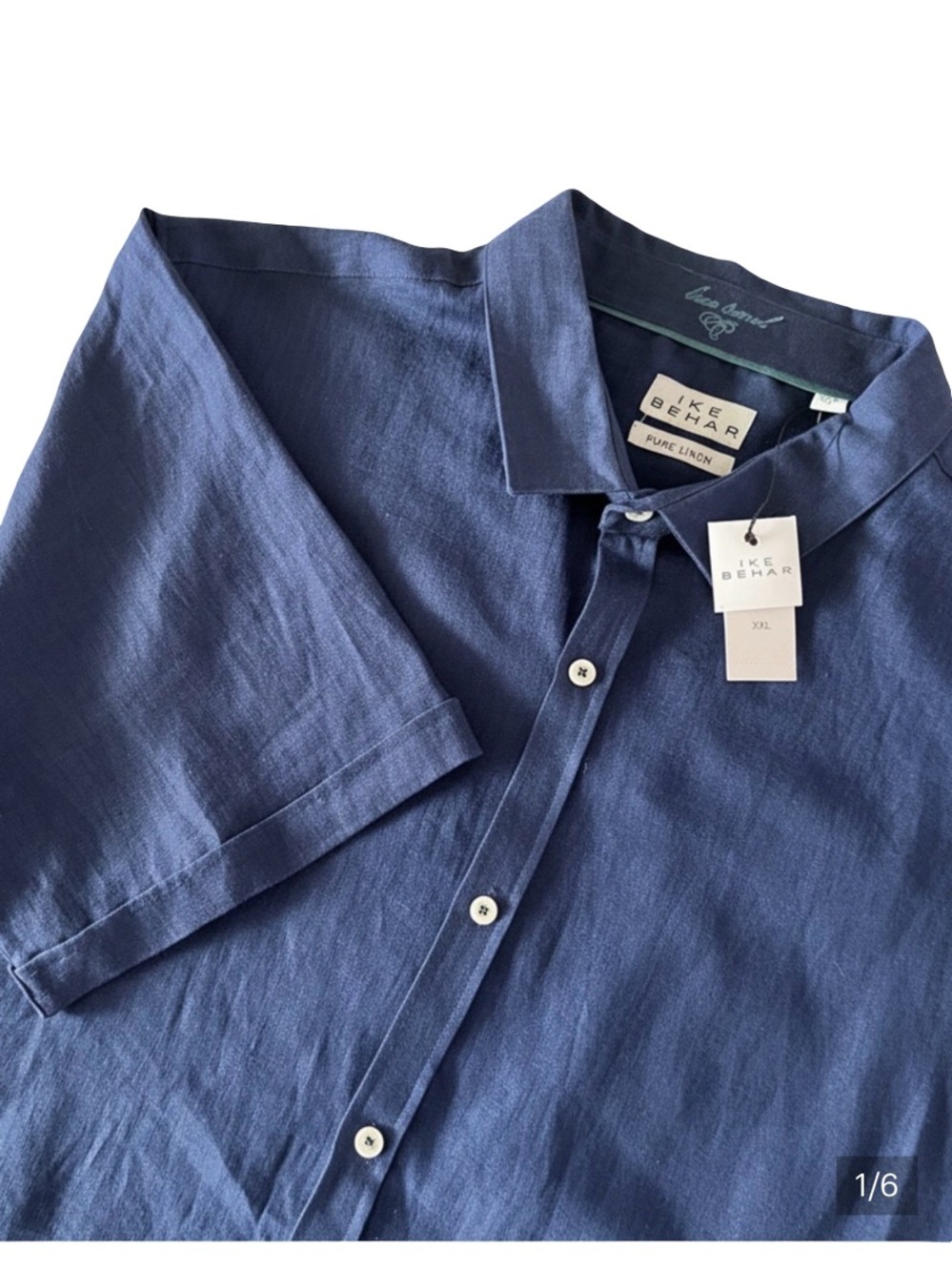 NWT Ike Behar Pure Linen Button Up Mens Blue Short Sleeve Shirt Casual LuxuryXXL